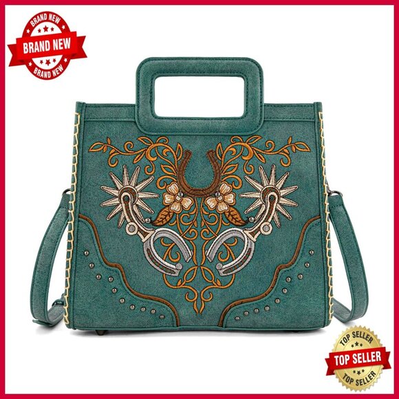 Handbags - Western Embroidery Crossbody Purse with Top Handle, Vegan Leather, 11x8x4 Inches